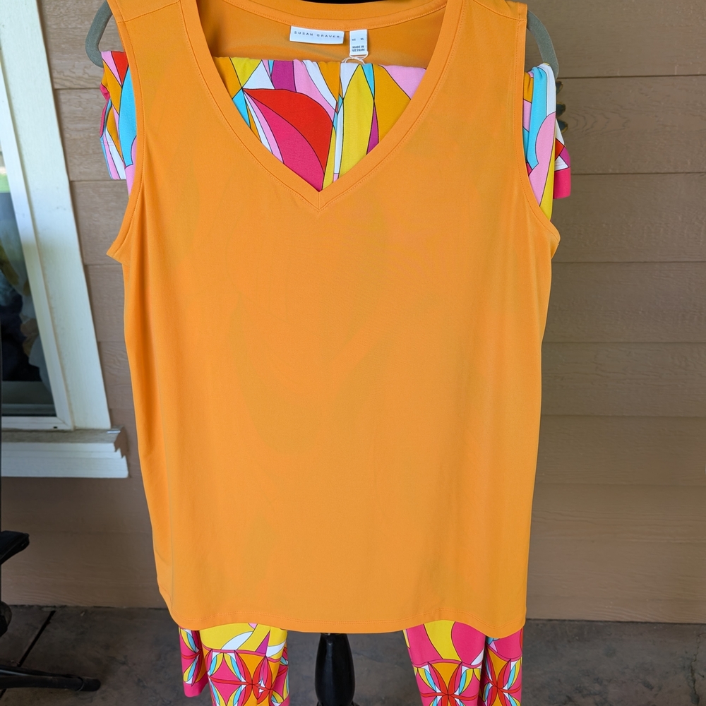 Susan Graver Orange Top with Colorful Patterned Pants
